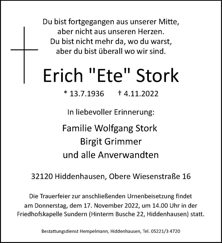  Traueranzeige für Erich Stork vom 12.11.2022 aus Neue Westfälische