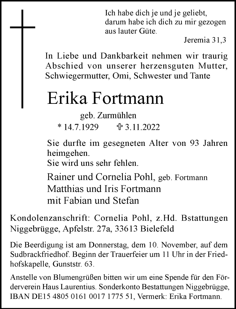  Traueranzeige für Erika Fortmann vom 08.11.2022 aus Neue Westfälische