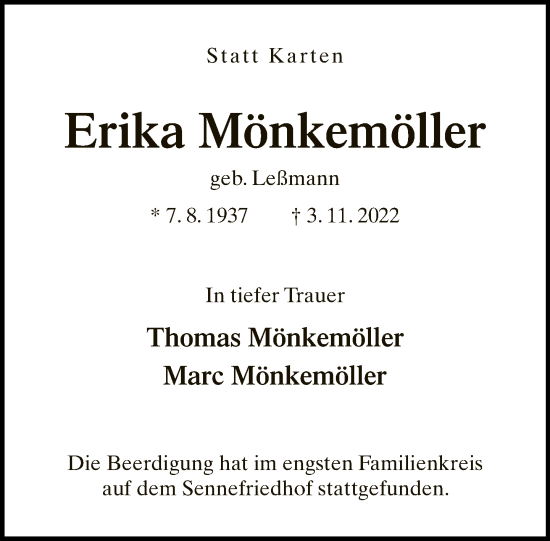 Traueranzeige von Erika Mönkemöller von Neue Westfälische
