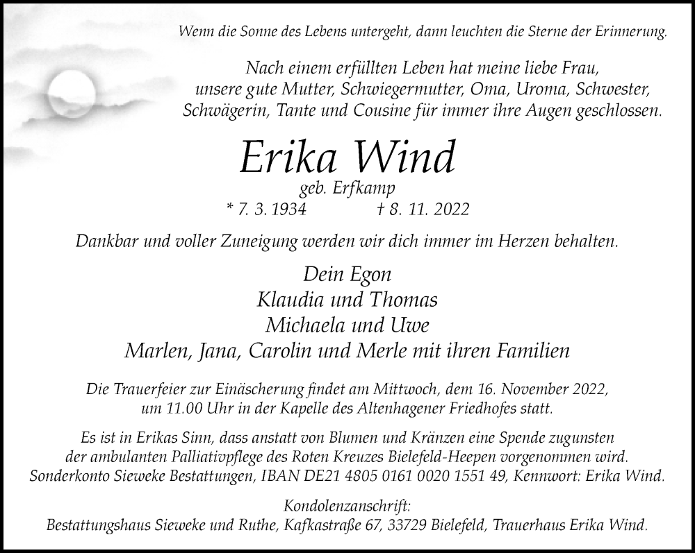  Traueranzeige für Erika Wind vom 12.11.2022 aus Neue Westfälische