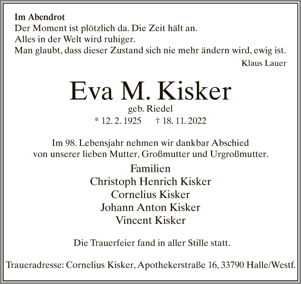  Traueranzeige für Eva M. Kisker vom 30.11.2022 aus Neue Westfälische