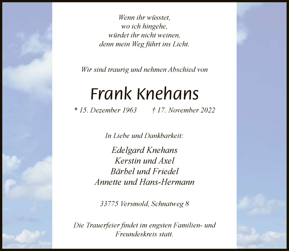  Traueranzeige für Frank Knehans vom 19.11.2022 aus Neue Westfälische