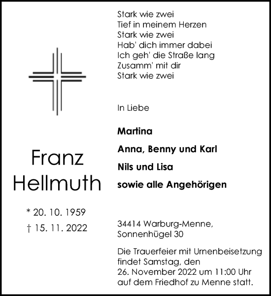 Traueranzeige von Franz Hellmuth von Neue Westfälische