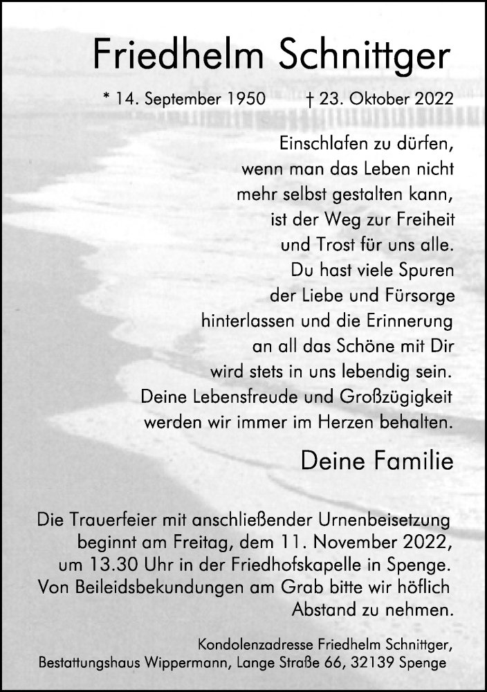  Traueranzeige für Friedhelm Schnittger vom 01.11.2022 aus Neue Westfälische