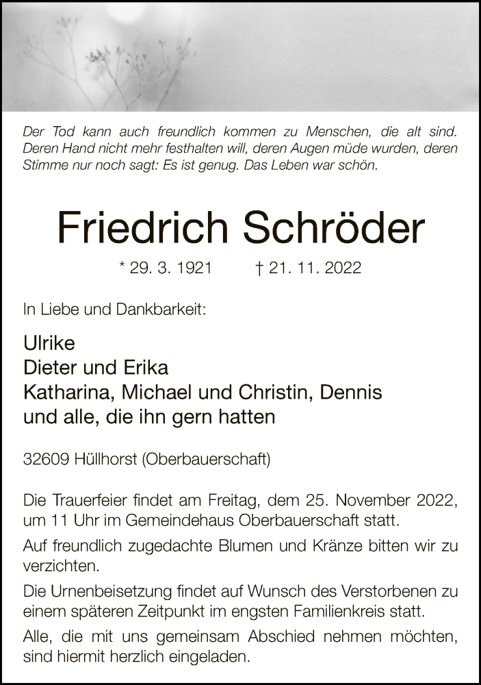  Traueranzeige für Friedrich Schröder vom 23.11.2022 aus Neue Westfälische