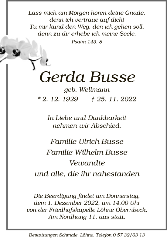 Traueranzeige von Gerda Busse von Neue Westfälische