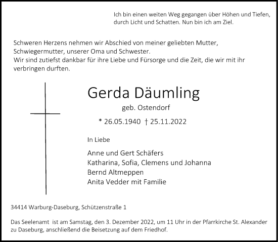 Traueranzeige von Gerda Däumling von Neue Westfälische