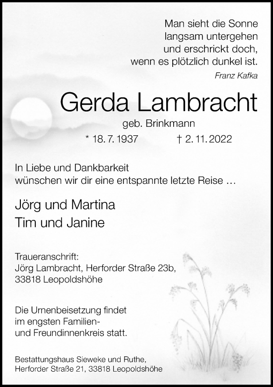 Traueranzeige von Gerda Lambracht