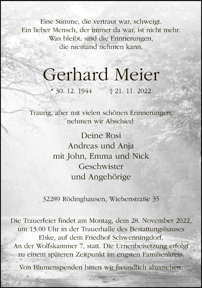  Traueranzeige für Gerhard Meier vom 25.11.2022 aus Neue Westfälische