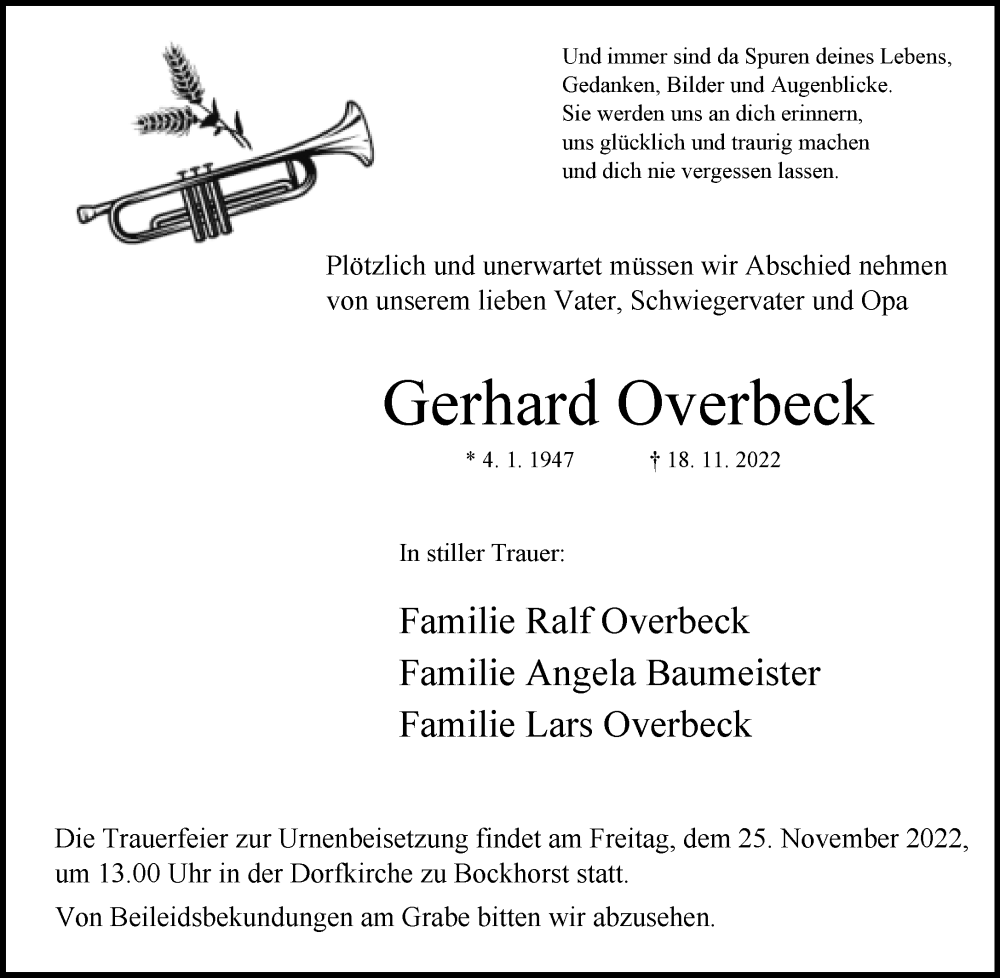  Traueranzeige für Gerhard Overbeck vom 22.11.2022 aus Neue Westfälische