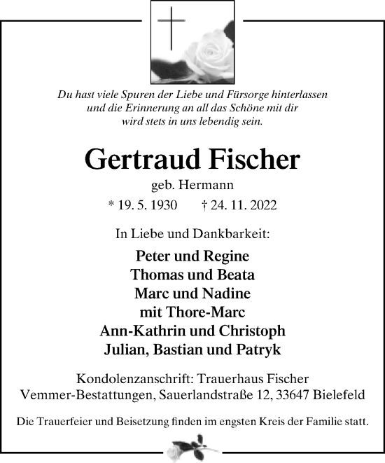 Traueranzeige von Gertraud Fischer von Neue Westfälische