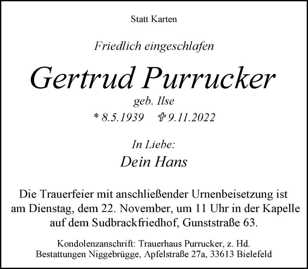  Traueranzeige für Gertrud Purrucker vom 19.11.2022 aus Neue Westfälische
