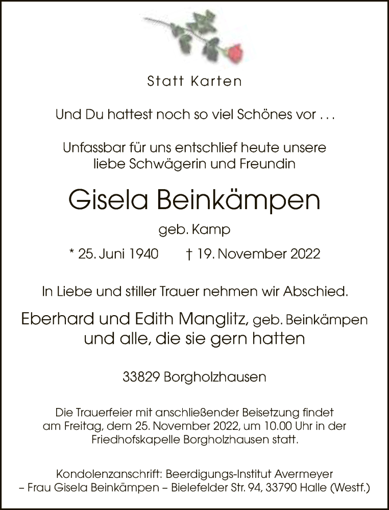  Traueranzeige für Gisela Beinkämpen vom 23.11.2022 aus Neue Westfälische