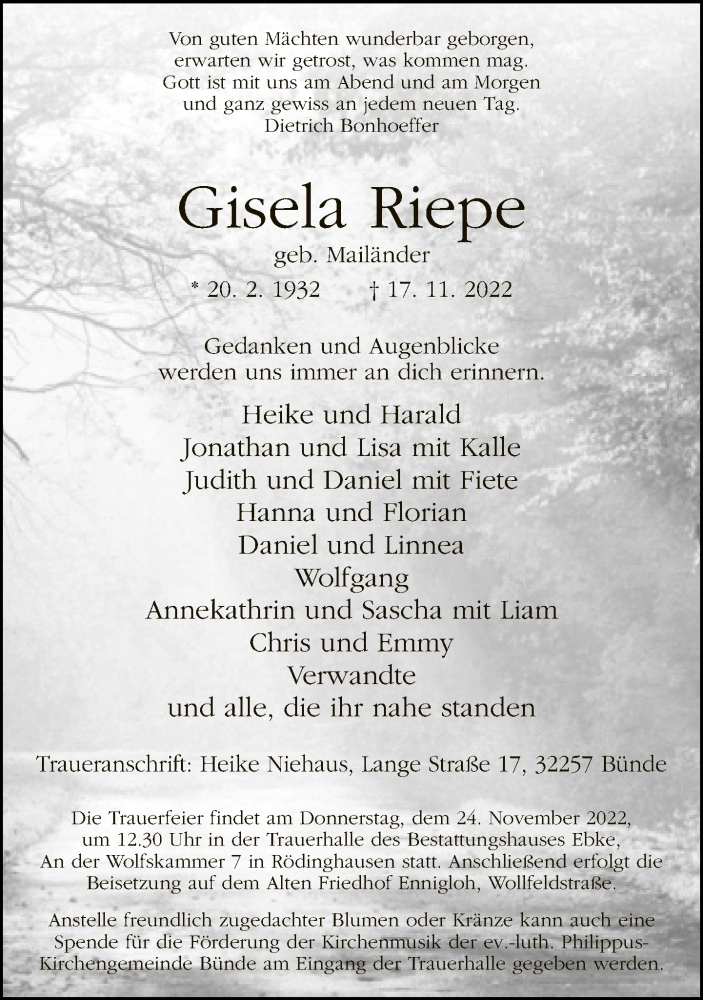  Traueranzeige für Gisela Riepe vom 22.11.2022 aus Neue Westfälische