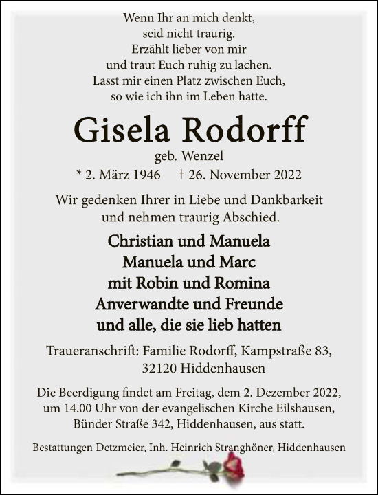 Traueranzeige von Gisela Rodorff von Neue Westfälische