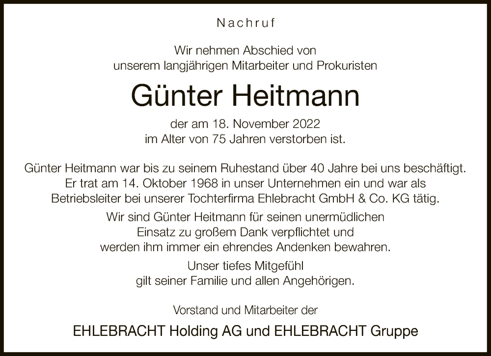  Traueranzeige für Günter Heitmann vom 25.11.2022 aus Neue Westfälische
