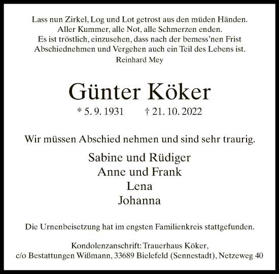 Traueranzeige von Günter Köker von Neue Westfälische