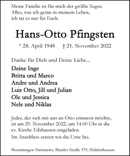 Traueranzeige von Hans-Otto Pfingsten von Neue Westfälische