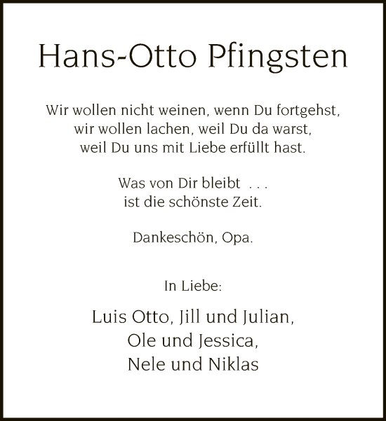Traueranzeige von Hans-Otto Pfingsten von Neue Westfälische