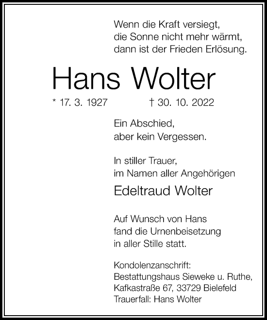 Traueranzeige von Hans Wolter