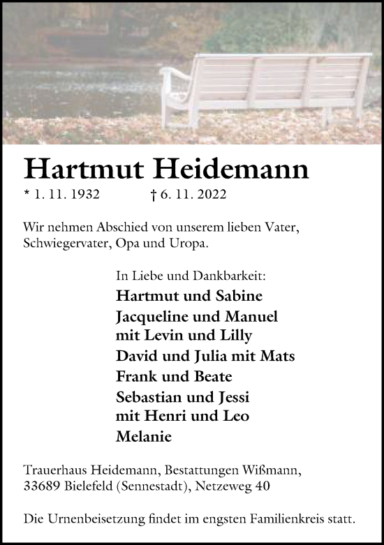 Traueranzeige von Hartmut Heidemann von Neue Westfälische