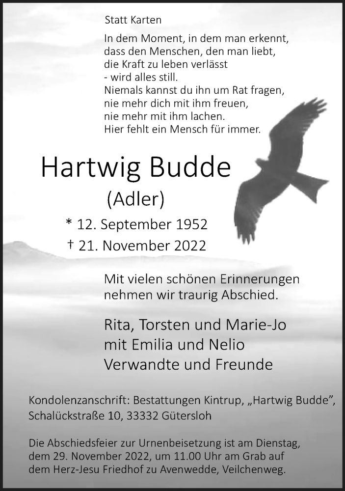  Traueranzeige für Hartwig Budde vom 23.11.2022 aus Neue Westfälische