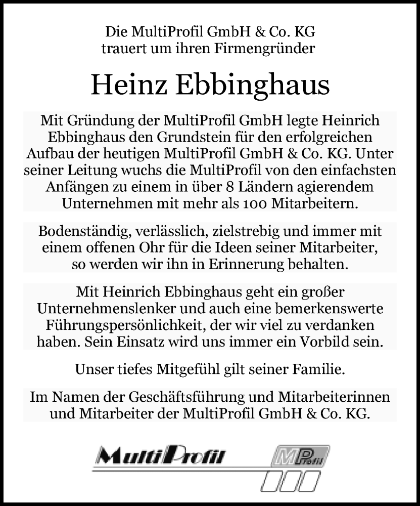  Traueranzeige für Heinz Ebbinghaus vom 23.11.2022 aus Neue Westfälische
