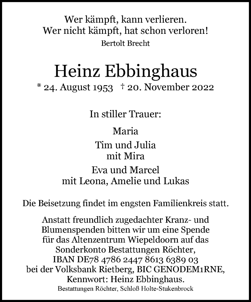  Traueranzeige für Heinz Ebbinghaus vom 23.11.2022 aus Neue Westfälische