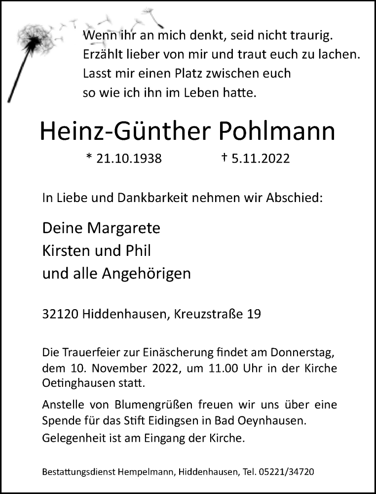  Traueranzeige für Heinz-Günther Pohlmann vom 09.11.2022 aus Neue Westfälische