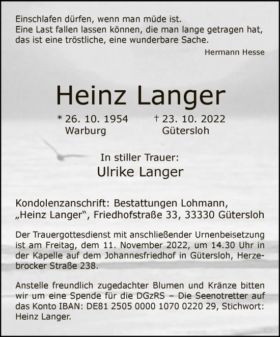 Traueranzeige von Heinz Langer von Neue Westfälische