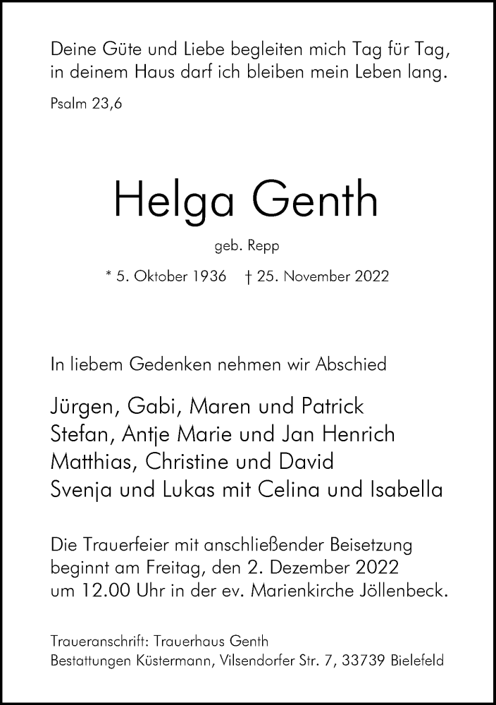  Traueranzeige für Helga Genth vom 30.11.2022 aus Neue Westfälische