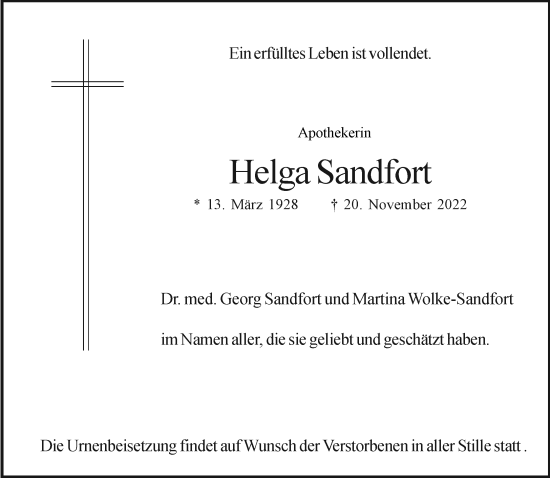 Traueranzeige von Helga Sandfort von Neue Westfälische