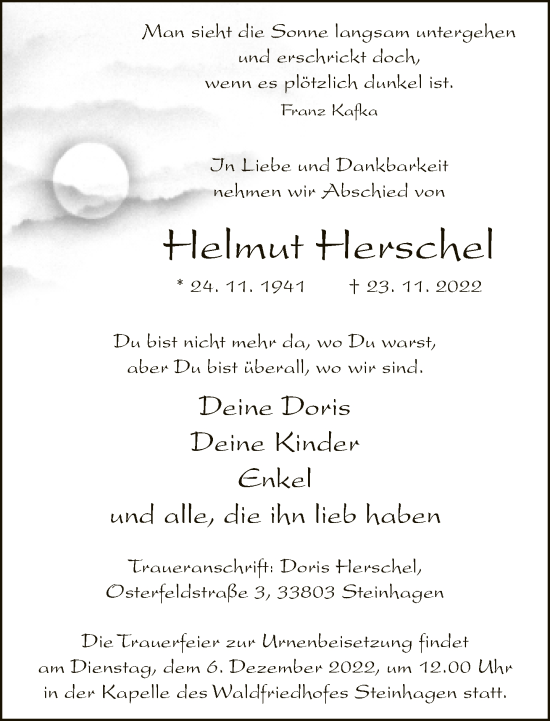 Traueranzeige von Helmut Herschel von Neue Westfälische