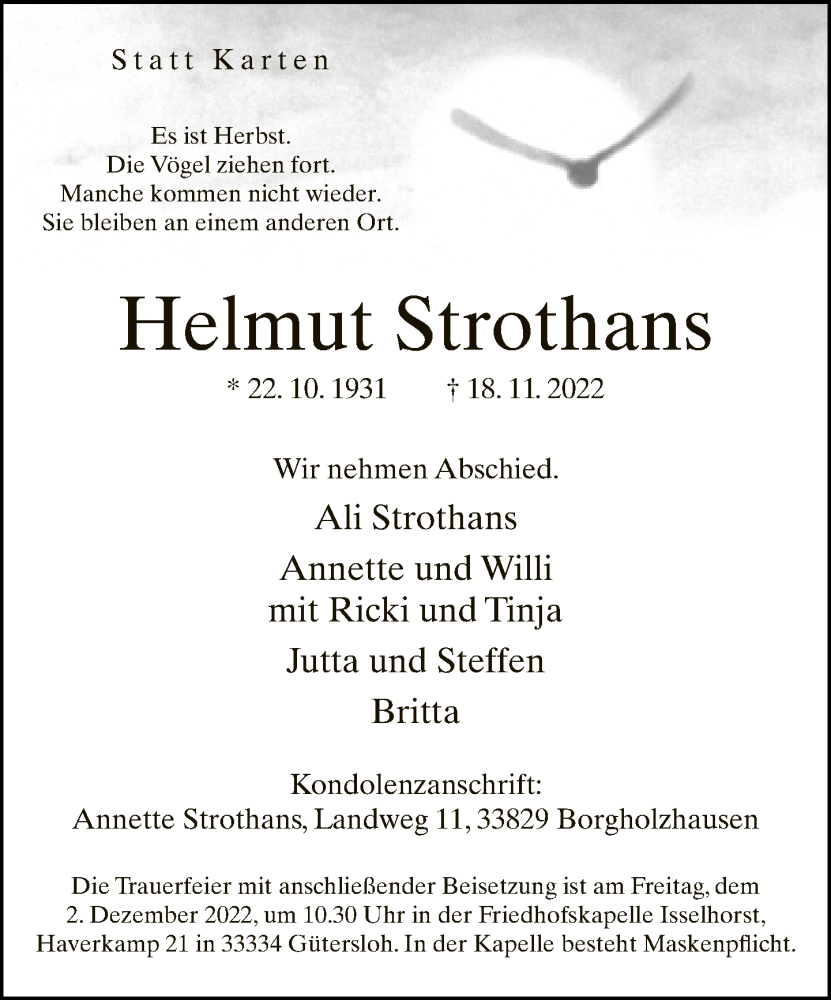  Traueranzeige für Helmut Strothans vom 26.11.2022 aus Neue Westfälische