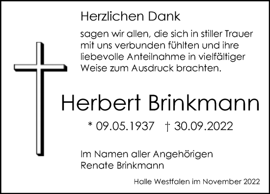 Traueranzeige von Herbert Brinkmann von Neue Westfälische