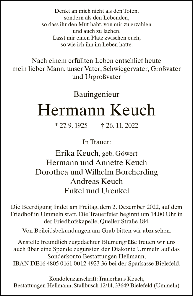  Traueranzeige für Hermann Keuch vom 30.11.2022 aus Neue Westfälische
