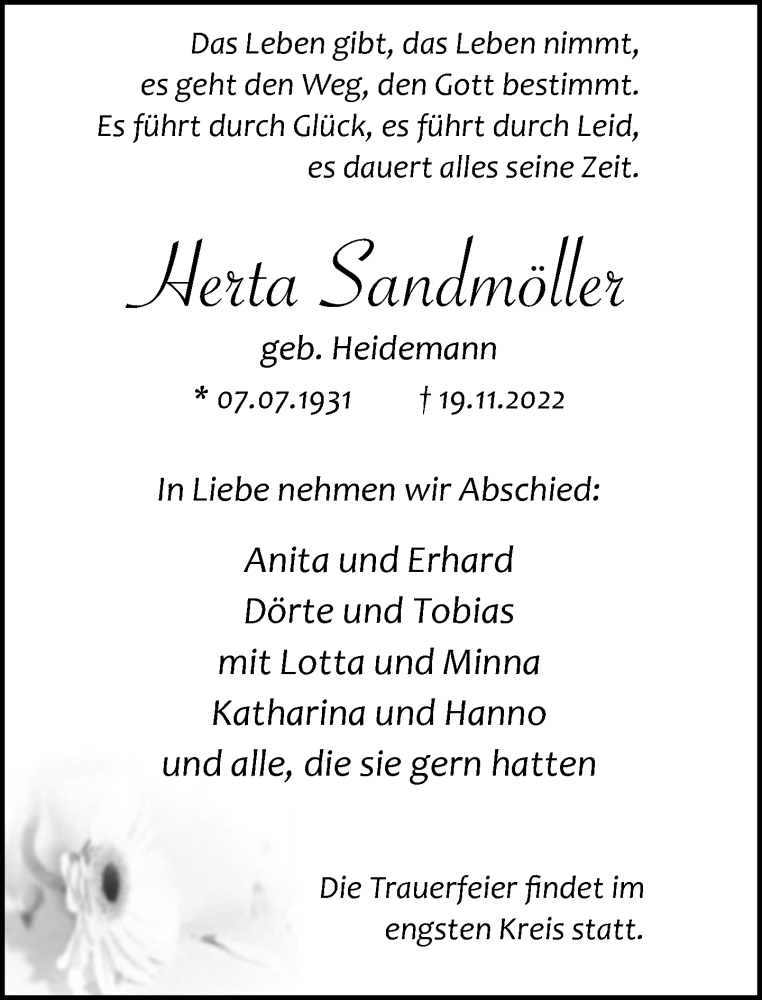  Traueranzeige für Herta Sandmöller vom 22.11.2022 aus Neue Westfälische