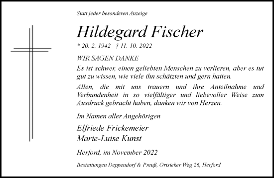 Traueranzeige von Hildegard Fischer von Neue Westfälische