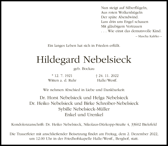 Traueranzeige von Hildegard Nebelsieck von Neue Westfälische