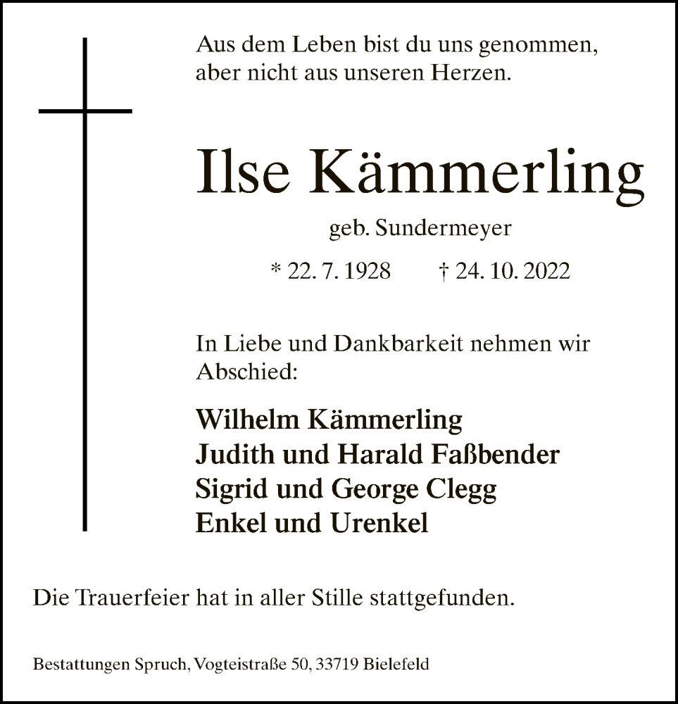  Traueranzeige für Ilse Kämmerling vom 01.11.2022 aus Neue Westfälische