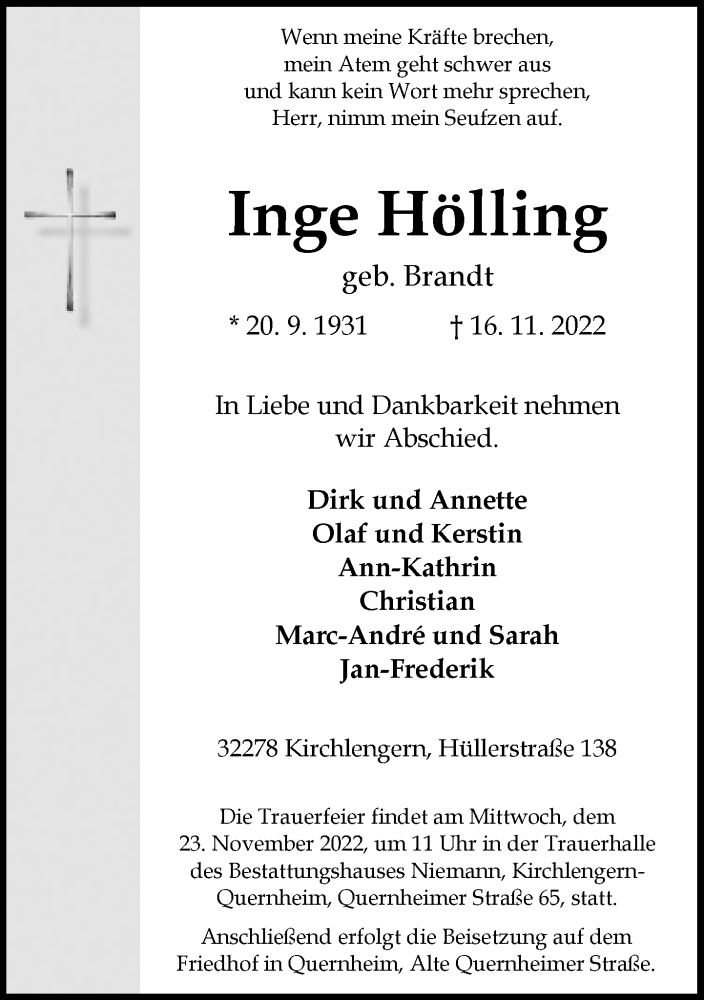  Traueranzeige für Inge Hölling vom 19.11.2022 aus Neue Westfälische