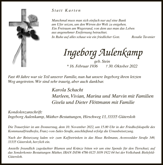 Traueranzeige von Ingeborg Aulenkamp von Neue Westfälische