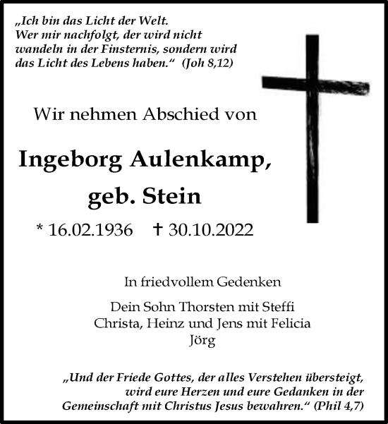 Traueranzeige von Ingeborg Aulenkamp von Neue Westfälische