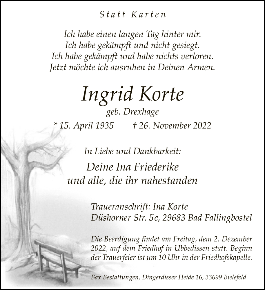  Traueranzeige für Ingrid Korte vom 29.11.2022 aus Neue Westfälische