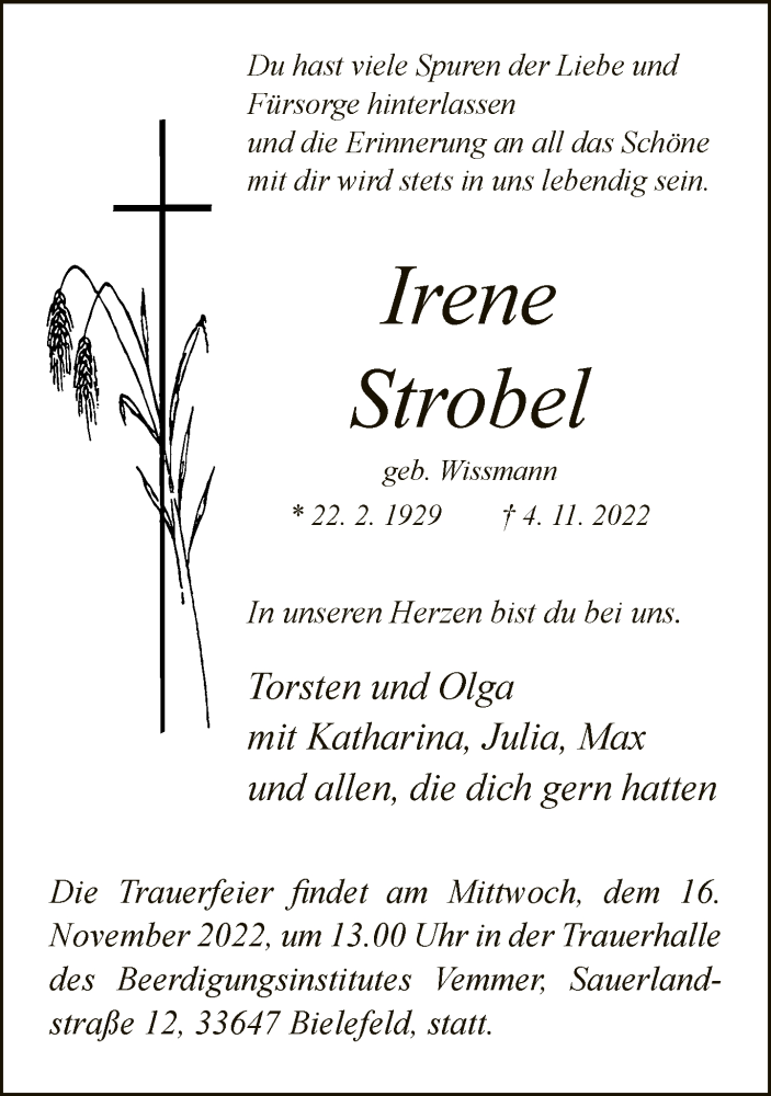  Traueranzeige für Irene Strobel vom 05.11.2022 aus Neue Westfälische