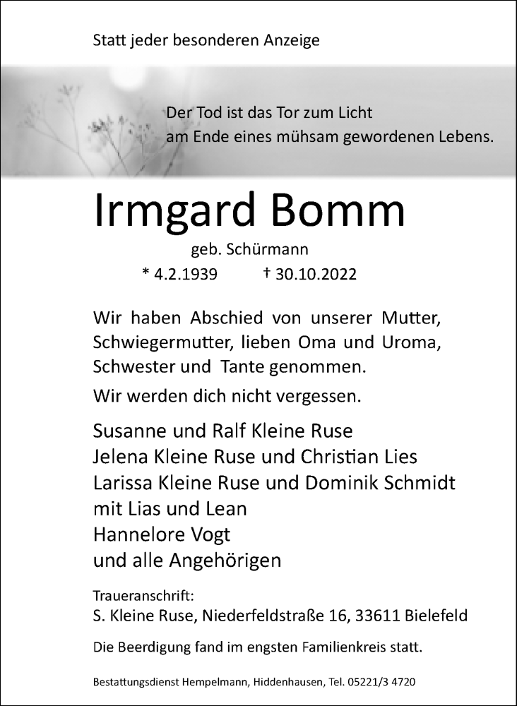  Traueranzeige für Irmgard Bomm vom 05.11.2022 aus Neue Westfälische