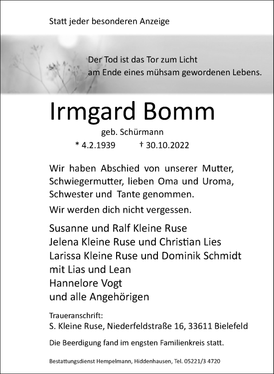 Traueranzeige von Irmgard Bomm von Neue Westfälische