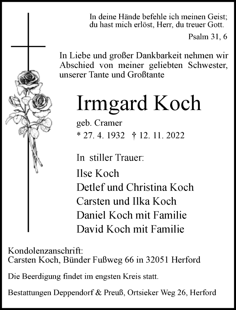  Traueranzeige für Irmgard Koch vom 19.11.2022 aus Neue Westfälische
