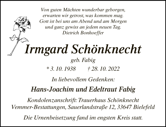 Traueranzeige von Irmgard Schönknecht von Neue Westfälische