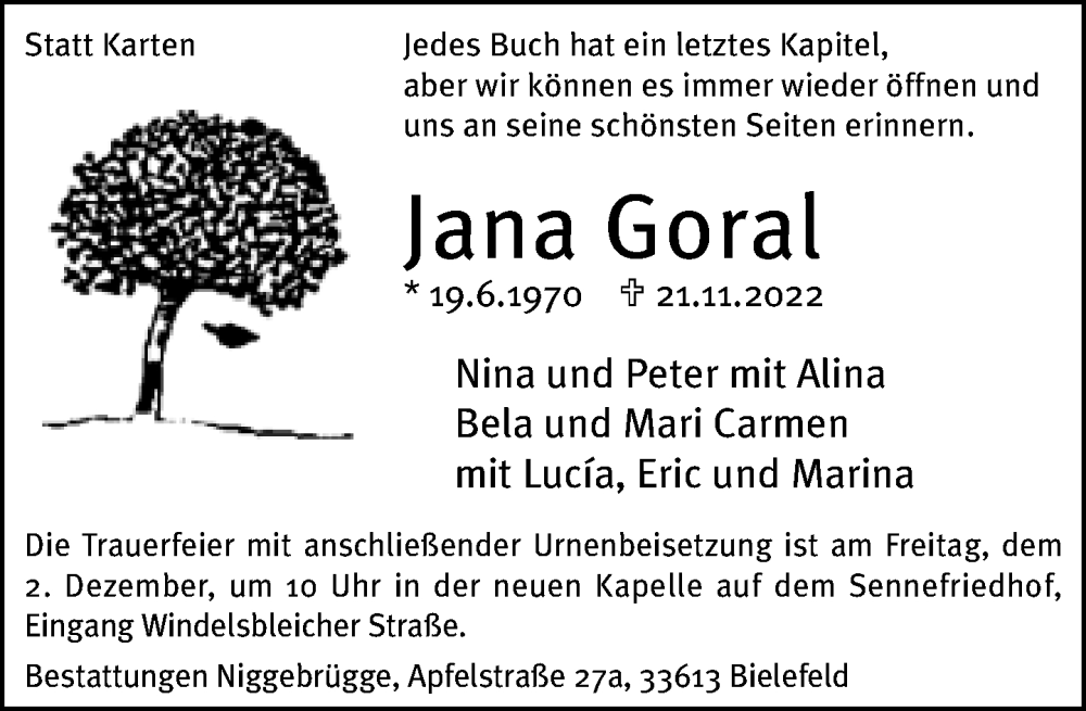  Traueranzeige für Jana Goral vom 26.11.2022 aus Neue Westfälische